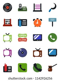 Color and black flat icon set - alarm clock vector, phone, tv, abacus, sickle, plant label, vinyl, radio, call, office, open close, turkish coffee