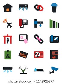 Color and black flat icon set - plane radar vector, security gate, identity card, drip irrigation, sorting, barcode, chain, air conditioner, smart home, water heater, intercome, control app, filter