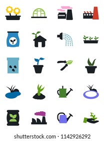 Color and black flat icon set - factory vector, seedling, watering can, sproute, pruner, greenhouse, seeds, pond, fertilizer, flower in pot, eco house, palm