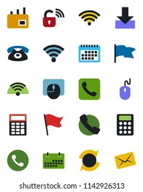 Color and black flat icon set - phone vector, mouse, call, download, wireless, update, calendar, calculator, mail, lock, flag
