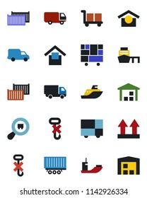 Color and black flat icon set - sea shipping vector, truck trailer, cargo container, car delivery, port, consolidated, warehouse storage, up side sign, no hook, search