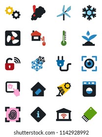 Color and black flat icon set - smart home vector, control, power plug, fingerprint, fan, wireless lock, irrigation, snowflake, app, gear, washer, smoke detector, thermometer, garage gate, eye scan