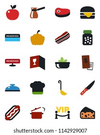 Color and black flat icon set - pumpkin vector, pills bottle, cook hat, wine card, reserved, reception, salad, bacon, vip zone, restaurant receipt, steak, hamburger, hot dog, ladle, knife, cheese