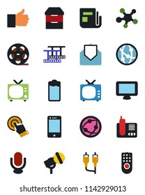 Color and black flat icon set - tv vector, film frame, reel, microphone, news, network, cell phone, touch screen, monitor, radio, share, finger up, battery, mail, rca, archive chest, remote control