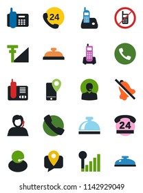 Color and black flat icon set - phone vector, no mobile, reception bell, office, 24 hours, support, tracking, radio, call, mute, cellular signal