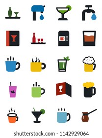 Color and black flat icon set - hot cup vector, coffee machine, water supply, alcohol, wine card, drink, cocktail, phyto bar, beer, turkish