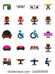Color and black flat icon set - cafe vector, waiting area, disabled, office chair, desk, picnic table, cushioned furniture, restaurant, man with notebook
