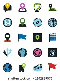 Color and black flat icon set - globe vector, seat map, route, navigation, earth, pin, mobile tracking, network, place tag, compass, flag