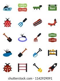 Color and black flat icon set - job vector, garden fork, shovel, lady bug, caterpillar, pond, rack, rent, bacon, open close, rocket