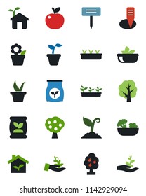 Color and black flat icon set - flower in pot vector, seedling, tree, sproute, plant label, fertilizer, fruit, salad, apple, eco house, palm