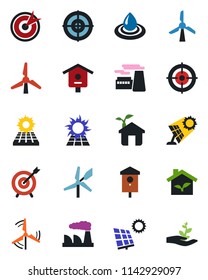 Color and black flat icon set - factory vector, bird house, target, sun panel, windmill, eco, water, palm sproute