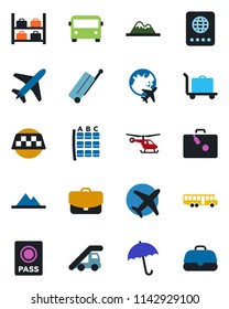 Color and black flat icon set - plane vector, taxi, suitcase, baggage trolley, airport bus, umbrella, passport, ladder car, helicopter, seat map, luggage storage, globe, mountains, case