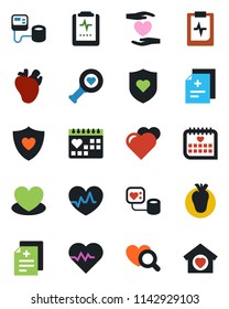 Color and black flat icon set - heart vector, pulse, diagnosis, blood pressure, diagnostic, shield, hand, real, medical calendar, clipboard, sweet home