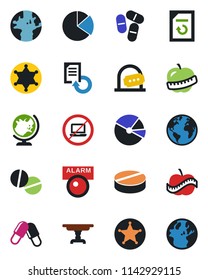 Color and black flat icon set - no laptop vector, ticket office, globe, document reload, pills, diet, earth, pie graph, table, police, alarm led