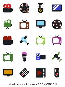 Color and black flat icon set - tv vector, reel, satellite, video camera, remote control, monitor