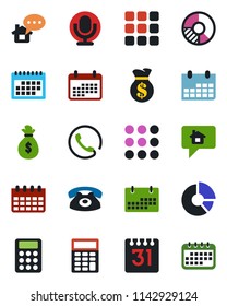 Color and black flat icon set - calendar vector, circle chart, microphone, menu, calculator, phone, home message, money bag
