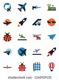 Color and black flat icon set - plane vector, departure, arrival, ladder car, boarding, helicopter, seat map, globe, airport building, lady bug, rocket, paper, air balloon