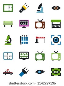 Color and black flat icon set - barrier vector, tv, alarm car, seat map, bench, monitor pulse, microscope, eye, torch, plan, alcove, scan