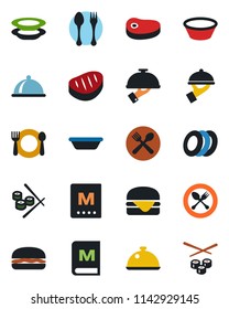 Color and black flat icon set - spoon and fork vector, dish, cafe, menu, plates, waiter, steak, hamburger, bowl, sushi