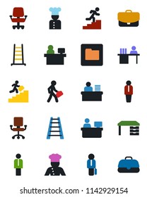 Color and black flat icon set - manager vector, desk, place, ladder, folder, career, cook, office chair, case
