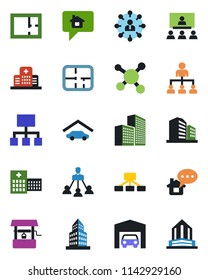 Color and black flat icon set - hierarchy vector, well, hospital, molecule, office building, garage, plan, home message