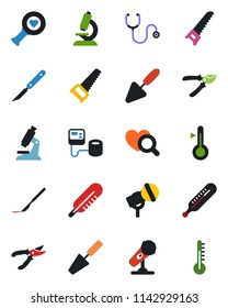 Color and black flat icon set - trowel vector, pruner, saw, stethoscope, blood pressure, thermometer, heart diagnostic, microscope, scalpel, microphone