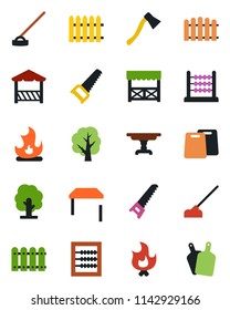 Color and black flat icon set - fence vector, tree, saw, fire, hoe, axe, abacus, table, alcove, cutting board