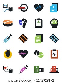 Color and black flat icon set - heart pulse vector, diagnosis, syringe, blood pressure, pills, blister, tomography, real, clipboard, hospital