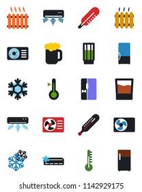 Color and black flat icon set - thermometer vector, heater, air conditioner, fridge, drink, beer, snowflake