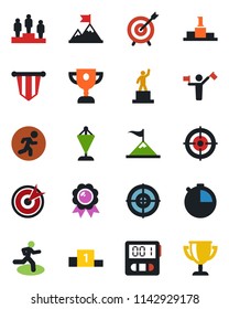 Color and black flat icon set - dispatcher vector, pedestal, pennant, medal, run, stopwatch, target, motivation, award cup