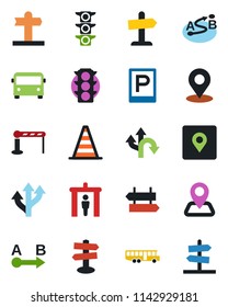 Color and black flat icon set - airport bus vector, parking, barrier, security gate, signpost, border cone, route, navigation, traffic light, place tag, guidepost