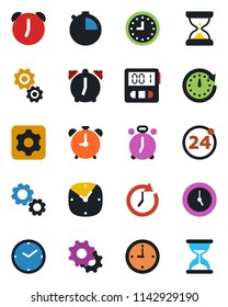 Color and black flat icon set - 24 around vector, alarm clock, settings, stopwatch, gear, sand