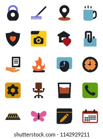 Color and black flat icon set - mouse vector, document, rake, butterfly, fire, heart shield, clock, heavy, call, settings, notes, place tag, photo gallery, coffee, paper clip, sweet home, drink