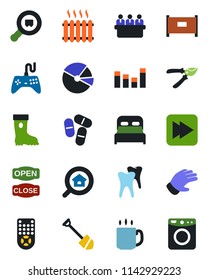 Color and black flat icon set - fence vector, meeting, job, pruner, glove, boot, pills, tooth, search cargo, gamepad, equalizer, remote control, fast forward, coffee, pie graph, estate, bedroom