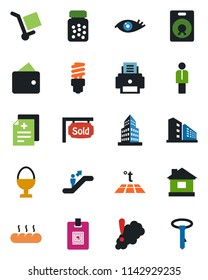 Color and black flat icon set - escalator vector, manager, house, diagnosis, pills bottle, eye, cargo, speaker, office building, identity card, printer, sold signboard, egg stand, bread, warm floor