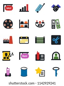 Color and black flat icon set - suitcase vector, reception, luggage storage, office binder, phone, term, container, oil barrel, reel, radio, favorites list, cut, company, bar graph, hr, handshake