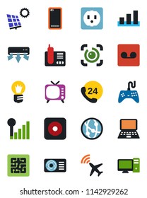 Color and black flat icon set - plane radar vector, notebook pc, bulb, 24 hours, sorting, tv, gamepad, network, radio phone, rec button, back, record, eye id, cellular signal, sun panel, chip