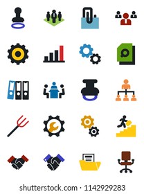 Color and black flat icon set - stamp vector, gear, hierarchy, team, farm fork, root setup, paper clip, bar graph, document folder, search, binder, meeting, handshake, career ladder, company