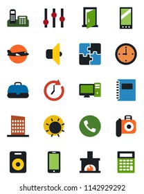 Color and black flat icon set - phone vector, plane, mobile, sun, camera, settings, speaker, application, copybook, clock, office, fireplace, city house, pc, sound, door, case, calculator