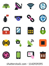 Color and black flat icon set - satellite antenna vector, mobile phone, speaking man, network, chain, stop button, sim, wireless, lock, home control, web camera, app, trash bin