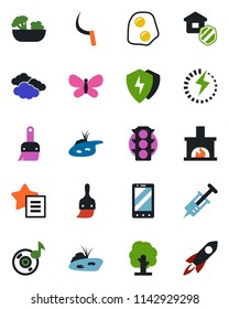 Color and black flat icon set - clouds vector, mobile phone, tree, butterfly, sickle, syringe, traffic light, favorites list, protect, themes, music, charge, pond, fireplace, estate insurance, salad