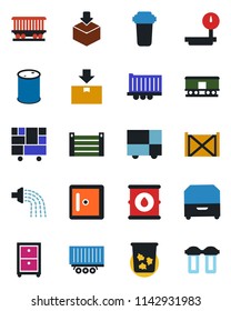 Color and black flat icon set - trash bin vector, checkroom, watering, railroad, truck trailer, container, consolidated cargo, package, oil barrel, heavy scales, archive box, water filter