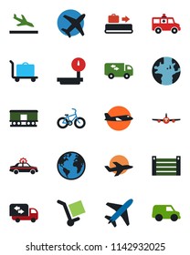 Color and black flat icon set - plane vector, arrival, baggage conveyor, trolley, alarm car, ambulance, bike, earth, container, cargo, heavy scales, railroad, moving