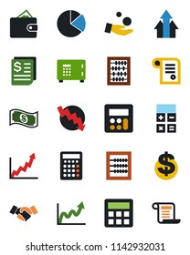 Color and black flat icon set - safe vector, handshake, dollar sign, calculator, abacus, crisis graph, receipt, pie, arrow up, wallet, growth, investment, cash, contract