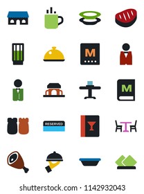Color and black flat icon set - hot cup vector, cafe, waiter, dish, restaurant table, wine card, menu, reserved, drink, plates, salt and pepper, building, steak, ham, bowl, serviette