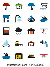 Color and black flat icon set - shower vector, watering, water drop, rain, pond, drip irrigation, sea port, umbrella, warehouse, pool, supply, drink, warm floor, sprinkler