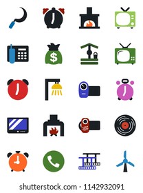 Color and black flat icon set - alarm clock vector, phone, tv, money bag, well, sickle, film frame, vinyl, video camera, office, fireplace, outdoor lamp, windmill