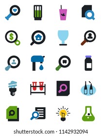 Color and black flat icon set - document search vector, blood test vial, heart diagnostic, ampoule, fragile, cargo, water supply, estate, client, drink, phyto bar, energy saving bulb, consumer, idea
