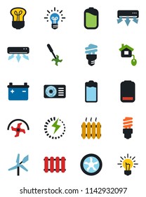 Color and black flat icon set - ripper vector, battery, low, charge, heater, air conditioner, home control, fan, radiator, bulb, energy saving, windmill, idea