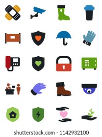 Color and black flat icon set - fence vector, passport control, safe, glove, boot, patch, heart shield, hand, umbrella, protect, lock, estate insurance, intercome, water filter, surveillance